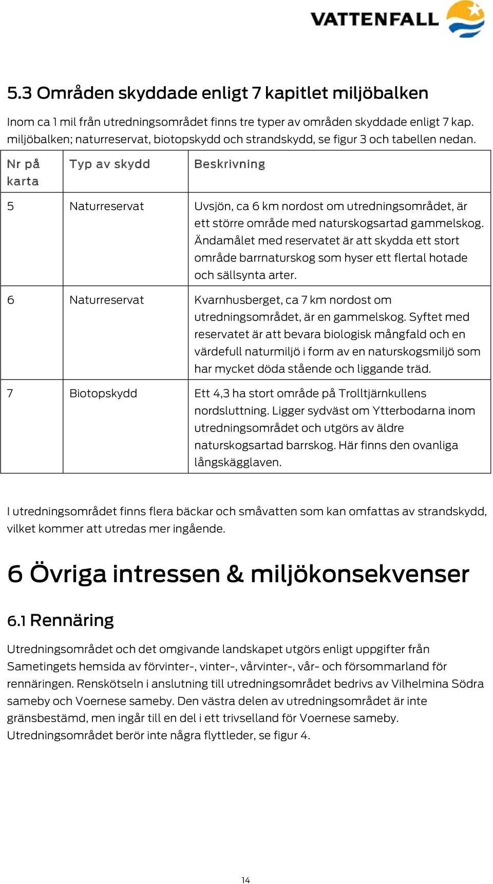 Nr på karta Typ av skydd Beskrivning 5 Naturreservat Uvsjön, ca 6 km nordost om utredningsområdet, är ett större område med naturskogsartad gammelskog.