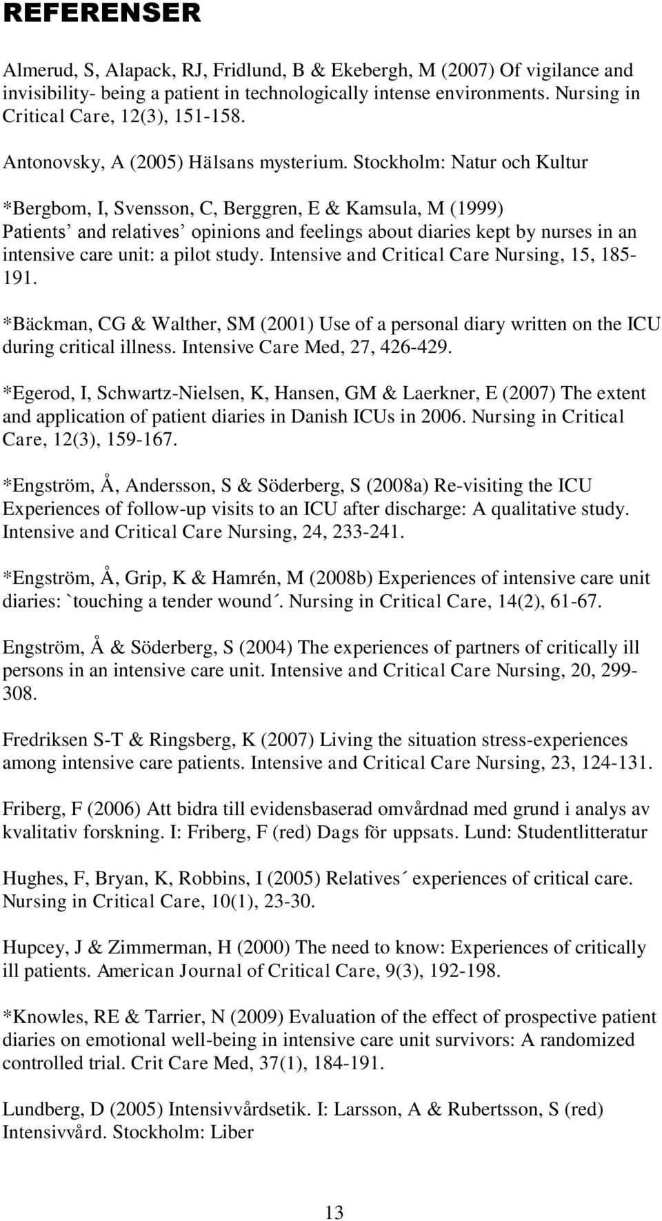 Stockholm: Natur och Kultur *Bergbom, I, Svensson, C, Berggren, E & Kamsula, M (1999) Patients and relatives opinions and feelings about diaries kept by nurses in an intensive care unit: a pilot