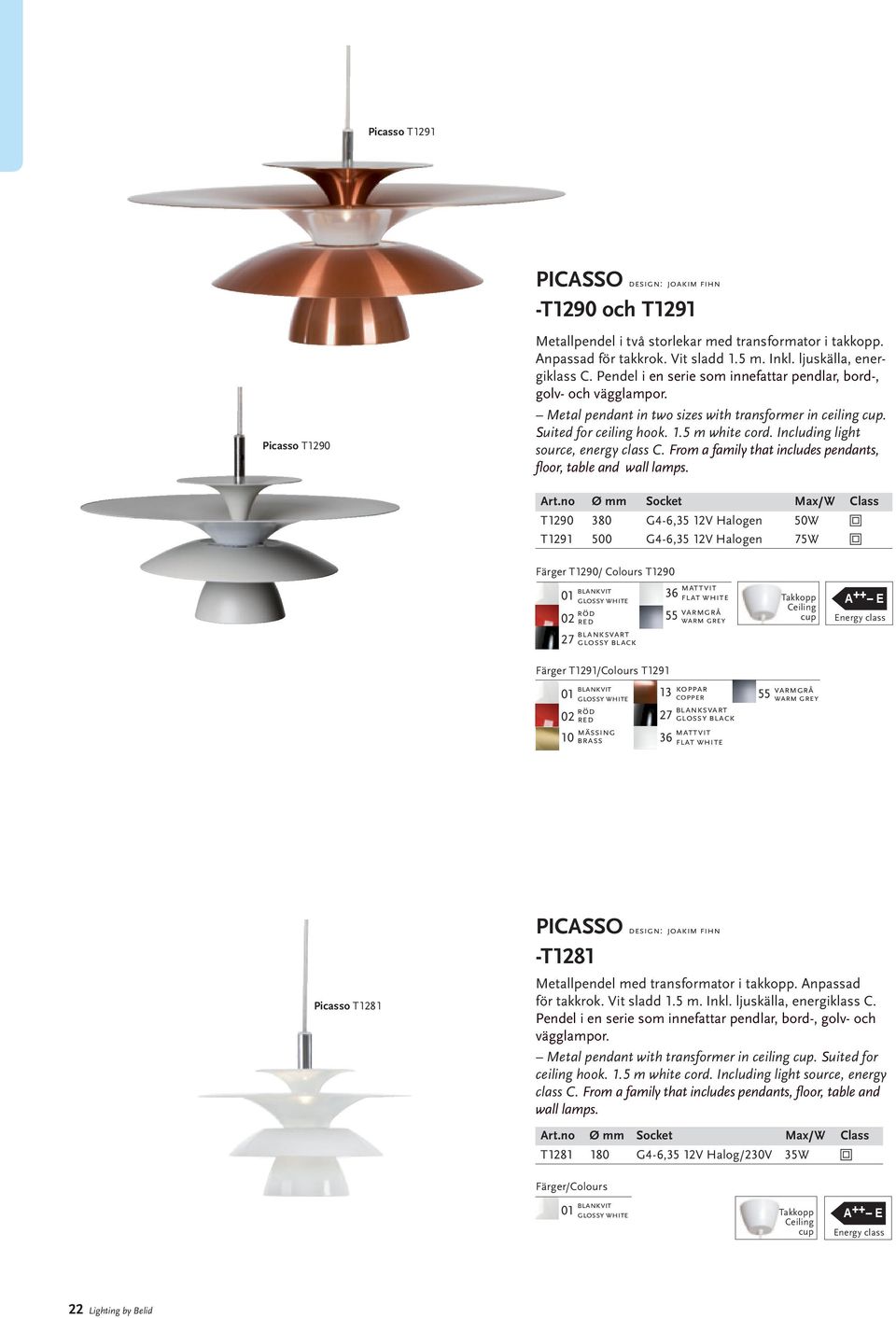 Including light source, energy class C. From a family that includes pendants, floor, table and wall lamps. Art.