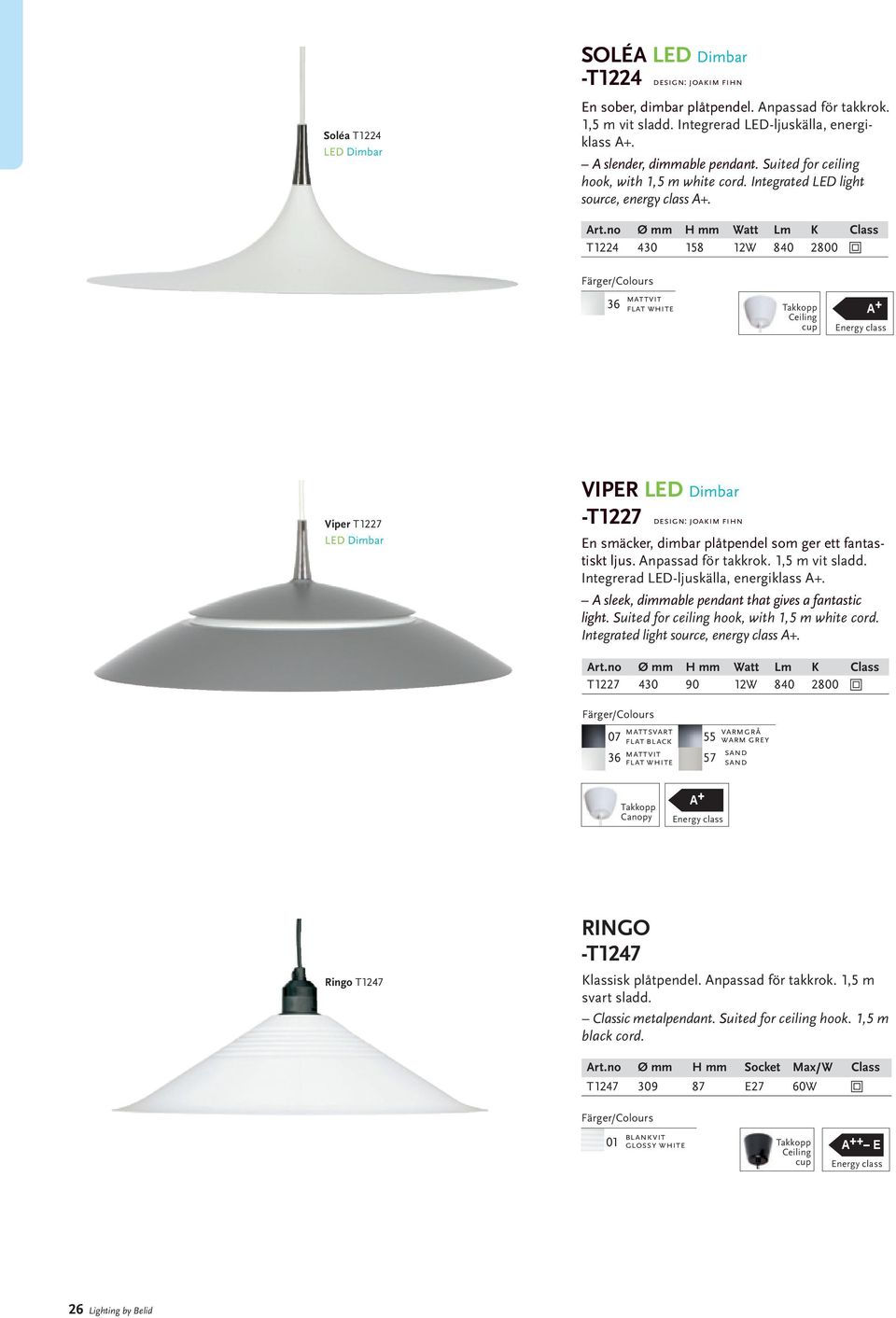 no Ø mm H mm Watt Lm K Class T1224 430 158 12W 840 2800 Takkopp Ceiling cup A + Viper T1227 LED Dimbar VIPER LED Dimbar -T1227 design: joakim fihn En smäcker, dimbar plåtpendel som ger ett