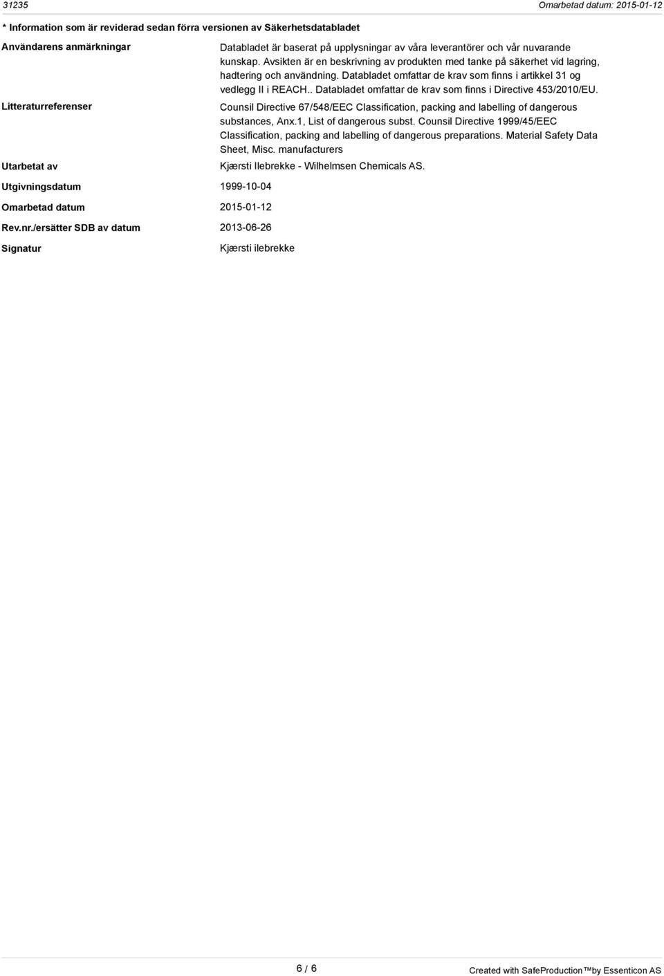 . Databladet omfattar de krav som finns i Directive 453/2010/EU. Counsil Directive 67/548/EEC Classification, packing and labelling of dangerous substances, Anx.1, List of dangerous subst.