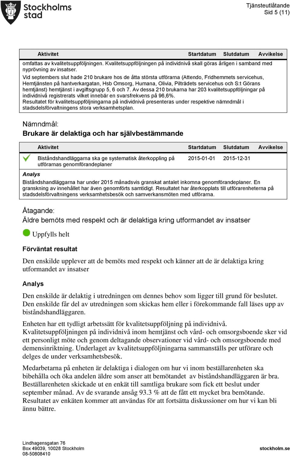 hemtjänst) hemtjänst i avgiftsgrupp 5, 6 och 7. Av dessa 210 brukarna har 203 kvalitetsuppföljningar på individnivå registrerats vilket innebär en svarsfrekvens på 96,6%.