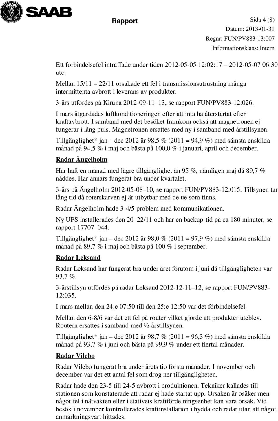 I mars åtgärdades luftkonditioneringen efter att inta ha återstartat efter kraftavbrott. I samband med det besöket framkom också att magnetronen ej fungerar i lång puls.