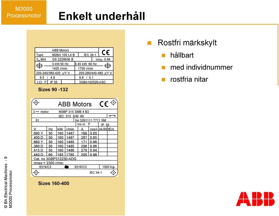 F IP 55 3GBA102520-ASC Sizes 90-132 Rostfri märkskylt hållbart med individnummer rostfria nitar BA Electrical Machines - 9 M3000 ABB Motors 3 motor M3BP 315 SMB 4 B3 IEC 315