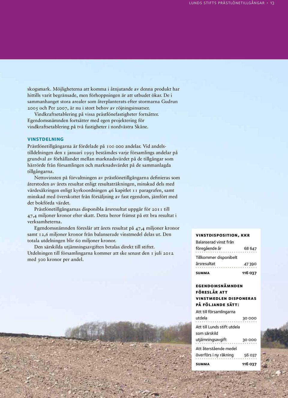 Egendomsnämnden fortsätter med egen projektering för vindkraftsetablering på två fastigheter i nordvästra Skåne. VINSTDELNING Prästlönetillgångarna är fördelade på 100 000 andelar.