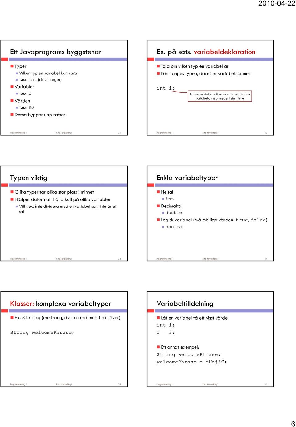 Programmering 1 Rita Kovordányi 31 Programmering 1 Rita Kovordányi 32 Typen viktig Olika typer tar olika stor plats i minnet Hjälper datorn att hålla koll på olika variabler Vill t.ex.
