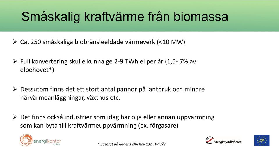 (1,5-7% av elbehovet*) Dessutom finns det ett stort antal pannor på lantbruk och mindre