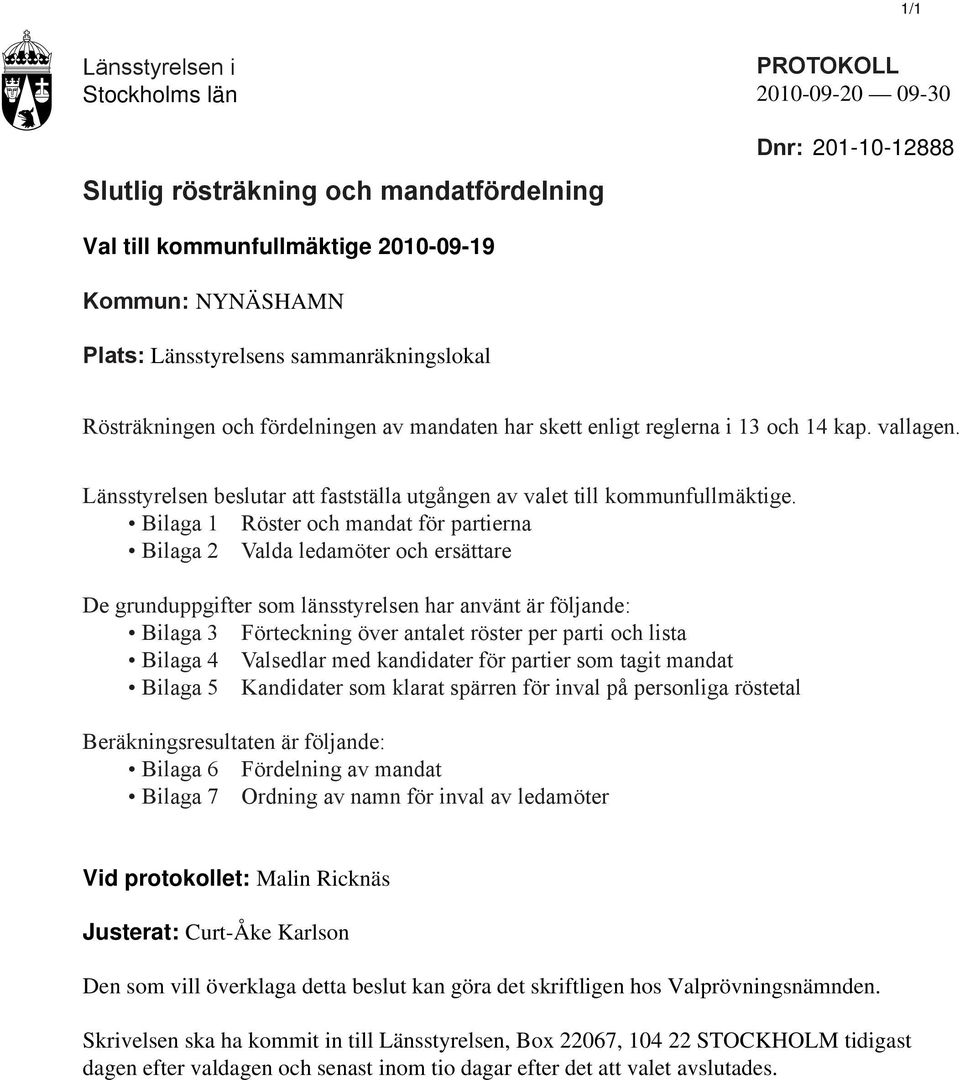 Bilaga 1 Röster och mandat för partierna Bilaga 2 Valda ledamöter och ersättare De grunduppgifter som länsstyrelsen har använt är följande: Bilaga 3 Förteckning över antalet röster per parti och