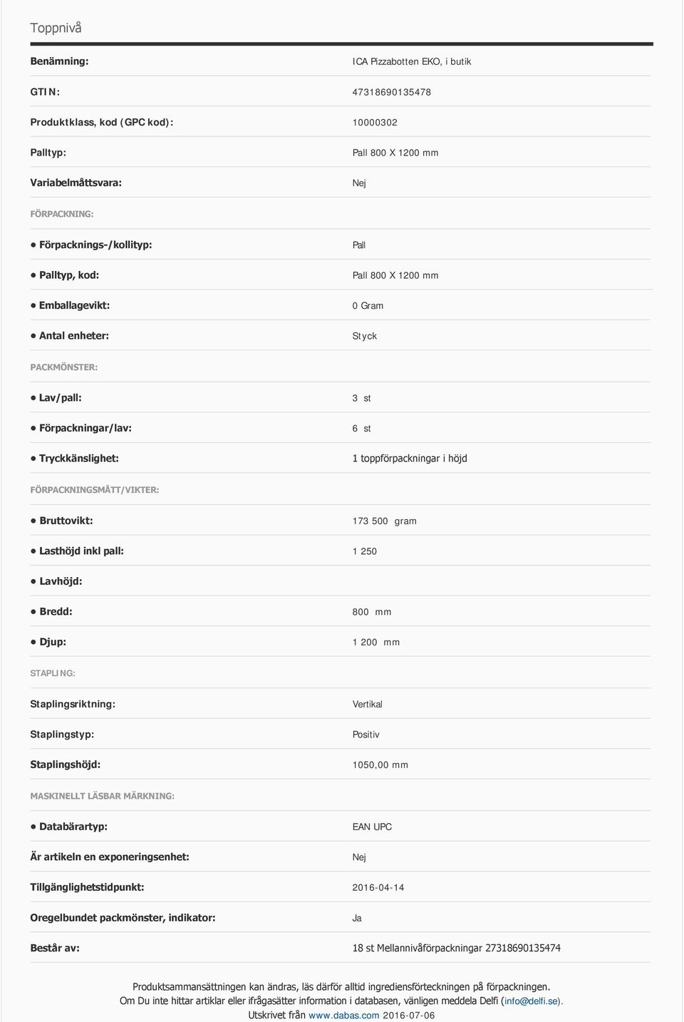 com 2016-07-06 Toppnivå Benämning: GTIN: 47318690135478 Produktklass, kod (GPC kod): 10000302 Palltyp: Pall 800 X 1200 mm Variabelmåttsvara: FÖRPACKNING: Förpacknings /kollityp: Pall Palltyp, kod: