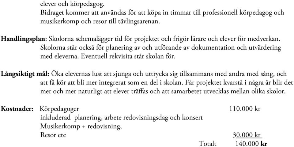 Eventuell rekvisita står skolan för. Långsiktigt mål: Öka elevernas lust att sjunga och uttrycka sig tillsammans med andra med sång, och att få kör att bli mer integrerat som en del i skolan.