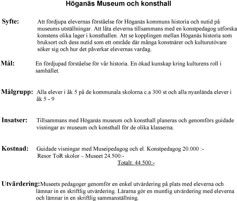 Att se kopplingen mellan Höganäs historia som bruksort och dess nutid som ett område där många konstnärer och kulturutövare söker sig och hur det påverkar elevernas vardag.