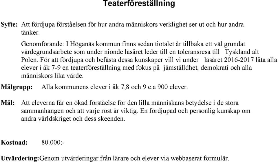 För att fördjupa och befästa dessa kunskaper vill vi under läsåret 2016-2017 låta alla elever i åk 7-9 en teaterföreställning med fokus på jämställdhet, demokrati och alla människors lika värde.