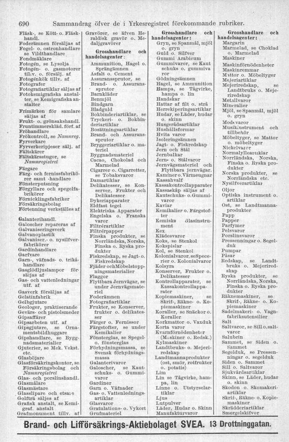 handelsagenter: Gummi Arabicum Maskiner Fotogen, se Lysolja Ammunition, Hagel Q. Gummivaror, se Kaut Maskinförnödenheter Fotogen- o. gasmotorer. Sprängämnen schuks o. gummiva Maskinremmar tiliv. o. försälj.