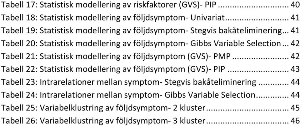 .. 42 Tabell 21: Statistisk modellering av följdsymptom (GVS)- PMP... 42 Tabell 22: Statistisk modellering av följdsymptom (GVS)- PIP.