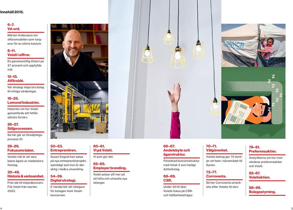 Så här går en försäljningsprocess till. 28 29. Fokusområden. Volatis mål är att vara bästa ägare av medelstora företag. 30 49. Historia & verksamhet. Från idé till miljardkoncern. 50 53.
