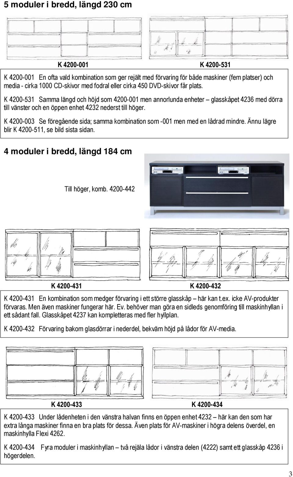 K 4200-003 Se föregående sida; samma kombination som -001 men med en lådrad mindre. Ännu lägre blir K 4200-511, se bild sista sidan. 4 moduler i bredd, längd 184 cm Till höger, komb.