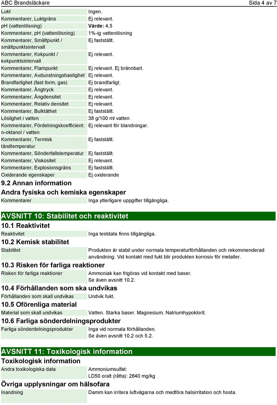 Kommentarer, Ångtryck Kommentarer, Ångdensitet Kommentarer, Relativ densitet Kommentarer, Bulktäthet Ej fastställt.