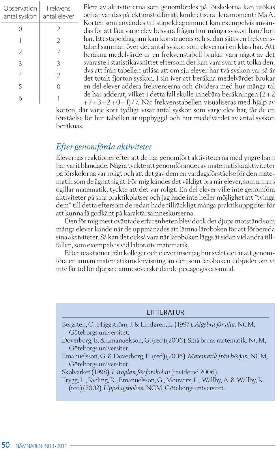 Ett stapeldiagram kan konstrueras och sedan sätts en frekvenstabell samman över det antal syskon som eleverna i en klass har.