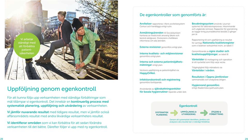 Externa revisioner genomförs enligt plan. Interna kvalitets- och miljörevisioner genomförs enligt plan. Interna och externa patientnöjdhetsmätningar enligt plan.