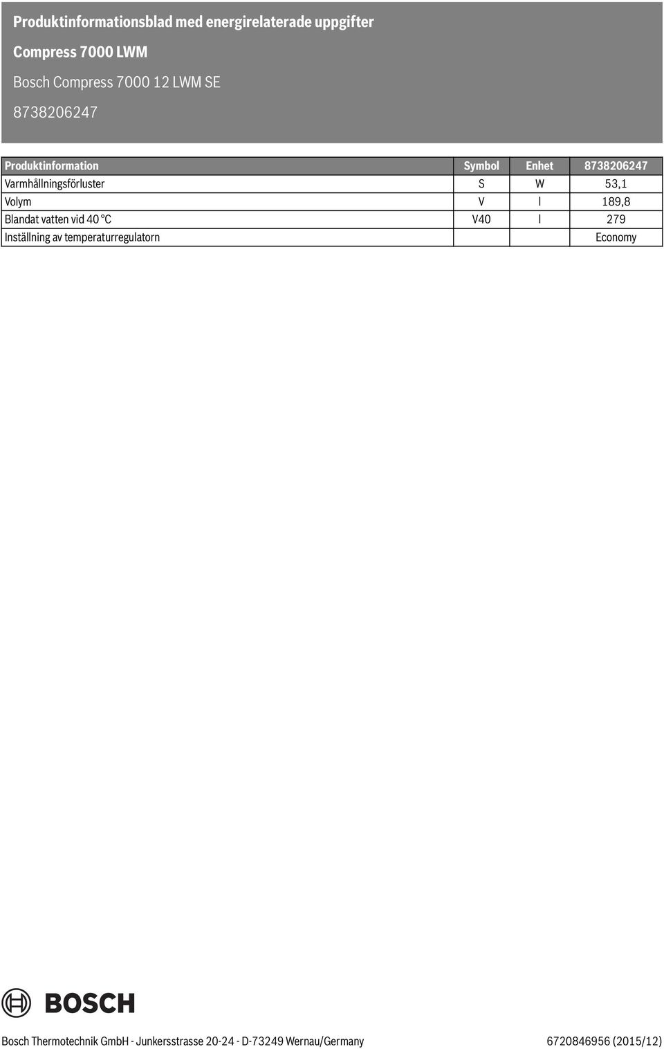 l 189,8 Blandat vatten vid 40 C V40 l