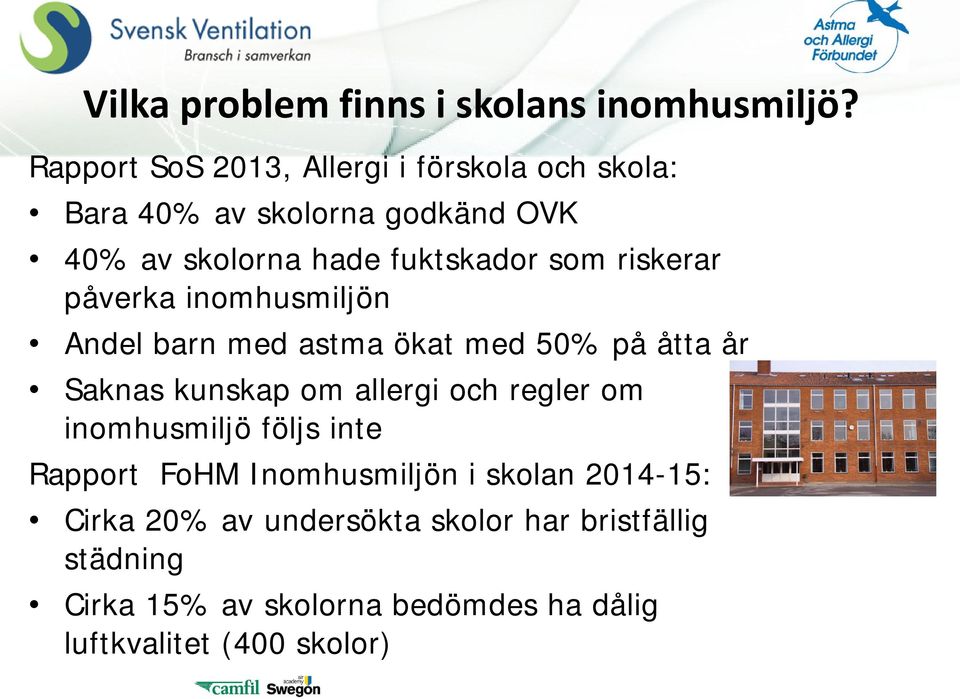 riskerar påverka inomhusmiljön Andel barn med astma ökat med 50% på åtta år Saknas kunskap om allergi och regler om