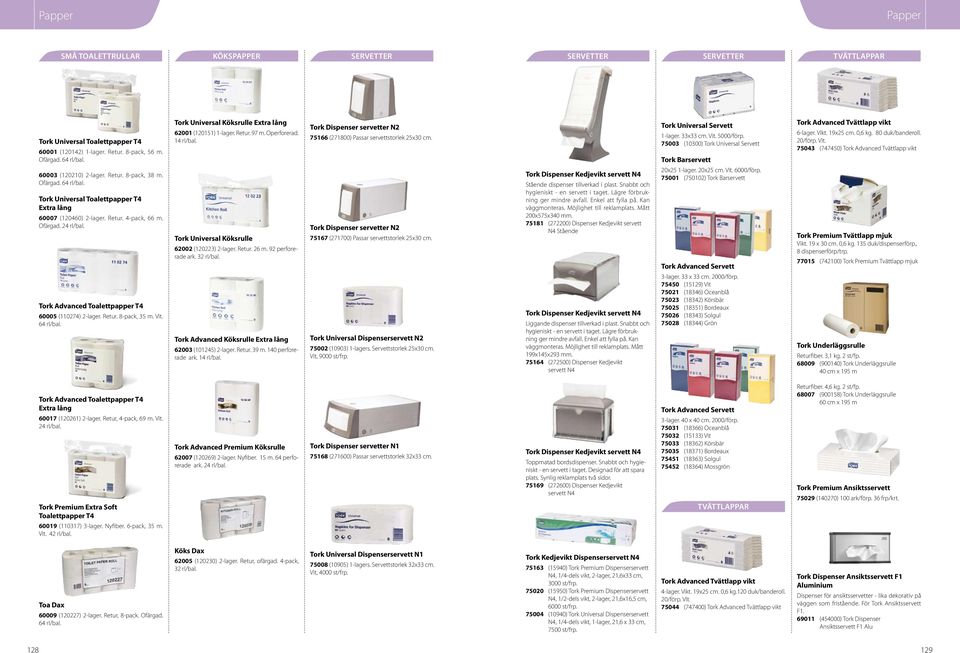 Vit. 64 rl/bal. Tork Universal Köksrulle Extra lång 62001 (120151) 1-lager. Retur. 97 m. Operforerad. 14 rl/bal. Tork Universal Köksrulle 62002 (120223) 2-lager. Retur. 26 m. 92 perforerade ark.