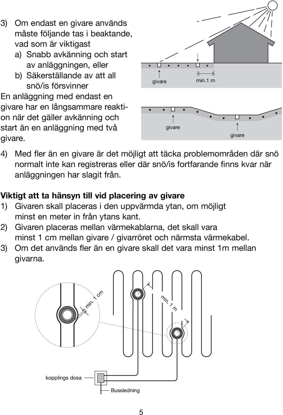 1 m givare 4) Med fler än en givare är det möjligt att täcka problemområden där snö normalt inte kan registreras eller där snö/is fortfarande finns kvar när anläggningen har slagit från.