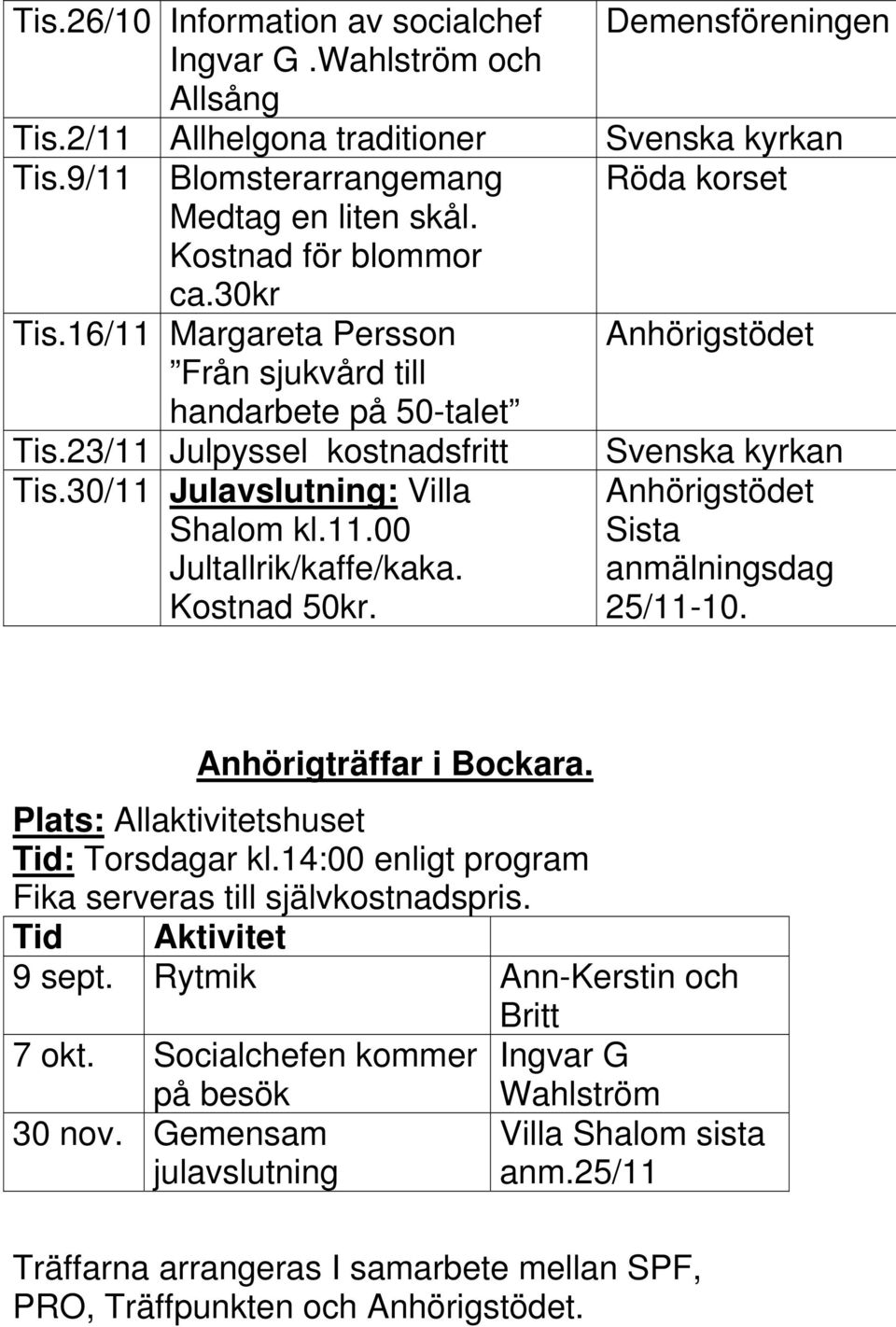 Kostnad 50kr. Svenska kyrkan Anhörigstödet Sista anmälningsdag 25/11-10. Anhörigträffar i Bockara. Plats: Allaktivitetshuset Tid: Torsdagar kl.14:00 enligt program 9 sept.