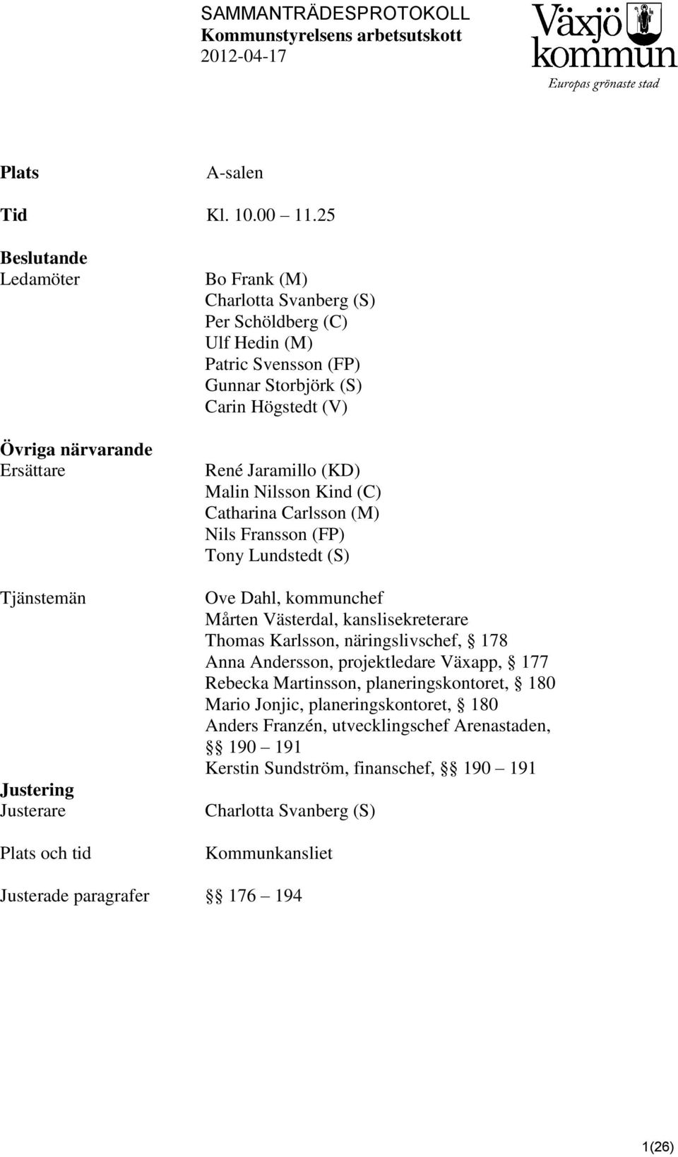 Gunnar Storbjörk (S) Carin Högstedt (V) René Jaramillo (KD) Malin Nilsson Kind (C) Catharina Carlsson (M) Nils Fransson (FP) Tony Lundstedt (S) Ove Dahl, kommunchef Mårten Västerdal,