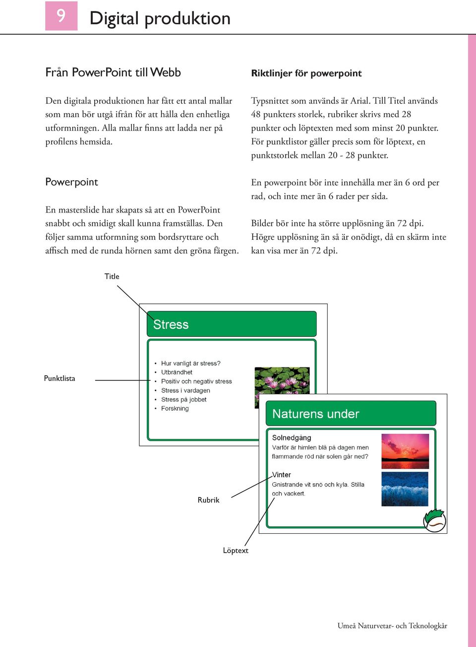 Den följer samma utformning som bordsryttare och affisch med de runda hörnen samt den gröna färgen. Riktlinjer för powerpoint Typsnittet som används är Arial.