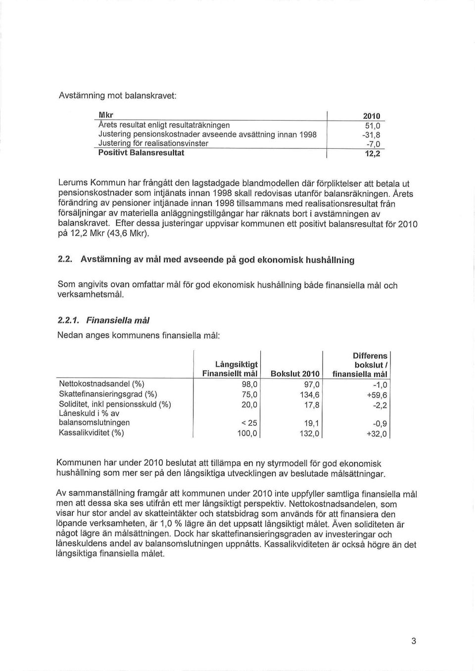 Årets förändring av pensioner intjänade innan 1998 tillsammans med realisationsresultat från försäljningar av materiella anläggningstillgångar har räknats bort i avstämningen av balanskravet.