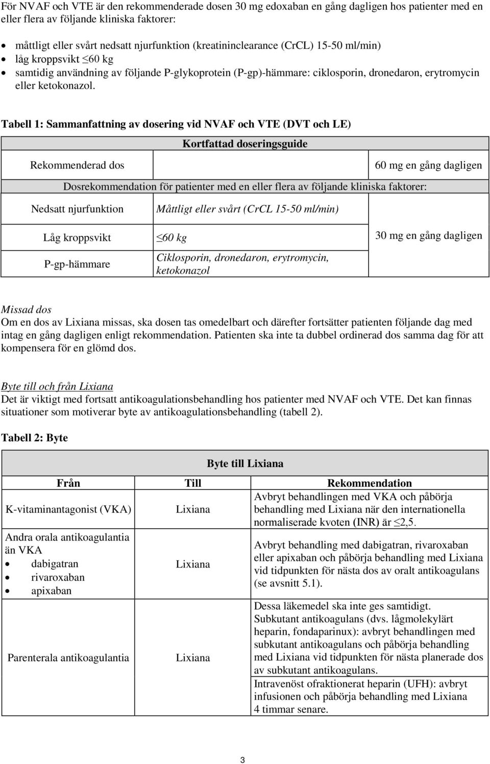 Tabell 1: Sammanfattning av dosering vid NVAF och VTE (DVT och LE) Rekommenderad dos Kortfattad doseringsguide 60 mg en gång dagligen Dosrekommendation för patienter med en eller flera av följande