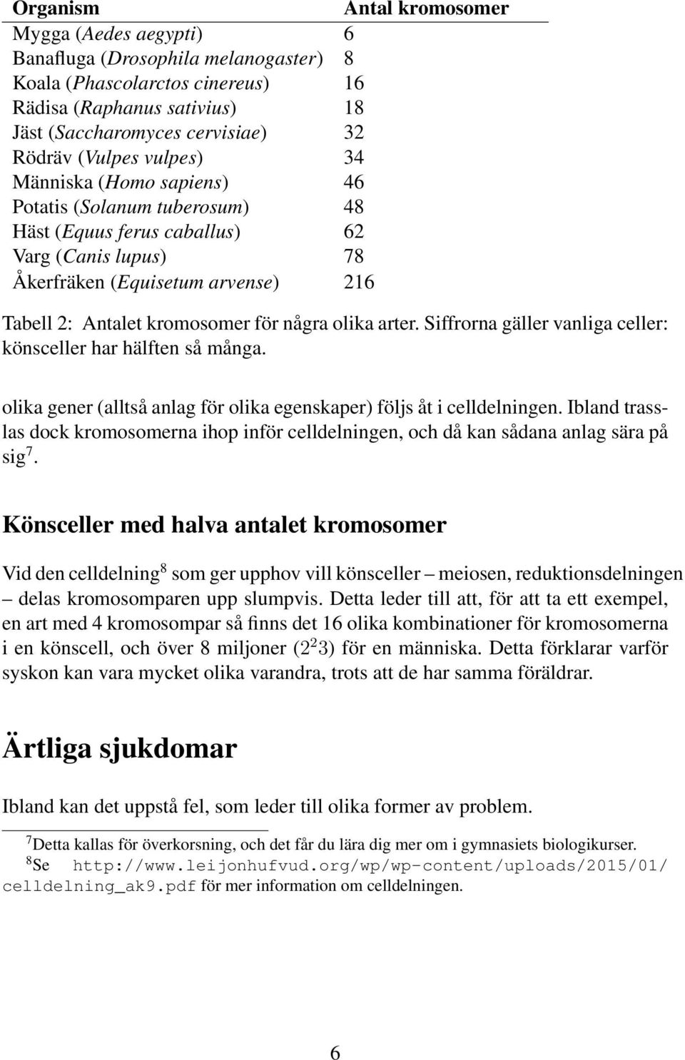 några olika arter. Siffrorna gäller vanliga celler: könsceller har hälften så många. olika gener (alltså anlag för olika egenskaper) följs åt i celldelningen.