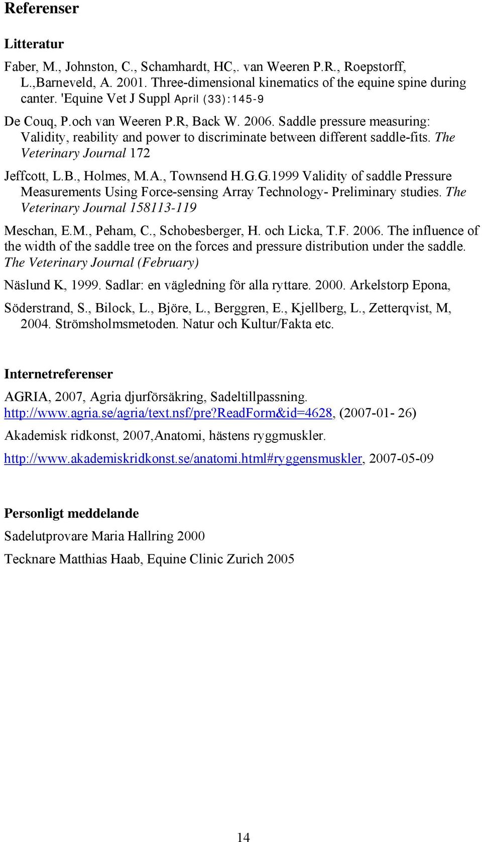 The Veterinary Journal 172 Jeffcott, L.B., Holmes, M.A., Townsend H.G.G.1999 Validity of saddle Pressure Measurements Using Force-sensing Array Technology- Preliminary studies.