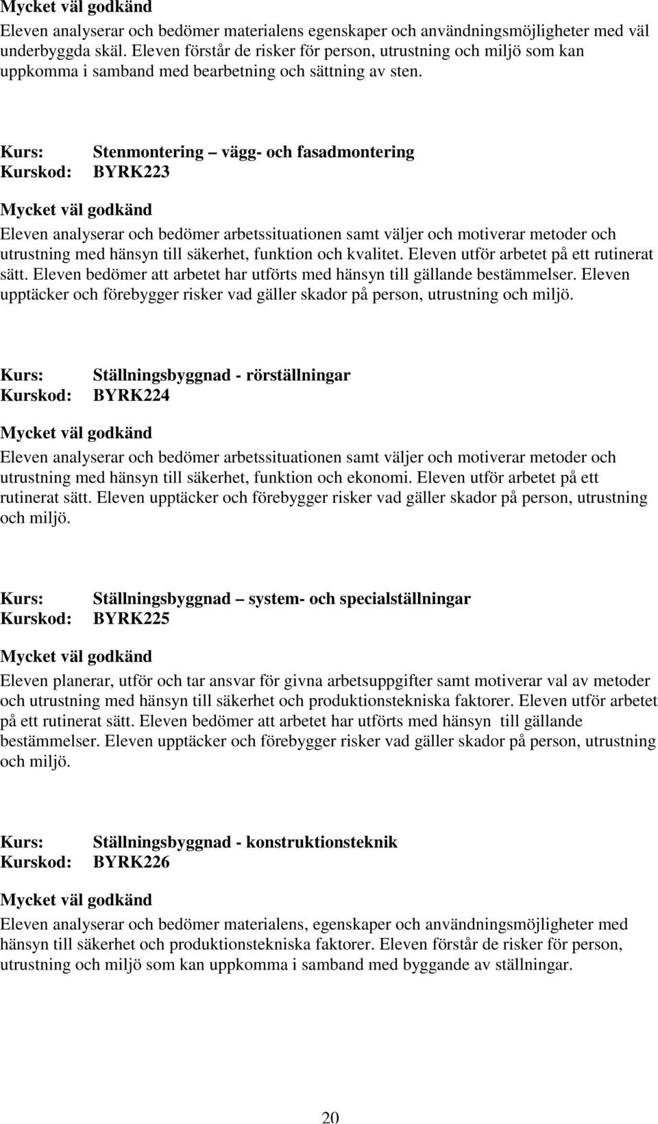 Stenmontering vägg- och fasadmontering BYRK223 Eleven analyserar och bedömer arbetssituationen samt väljer och motiverar metoder och utrustning med hänsyn till säkerhet, funktion och kvalitet.