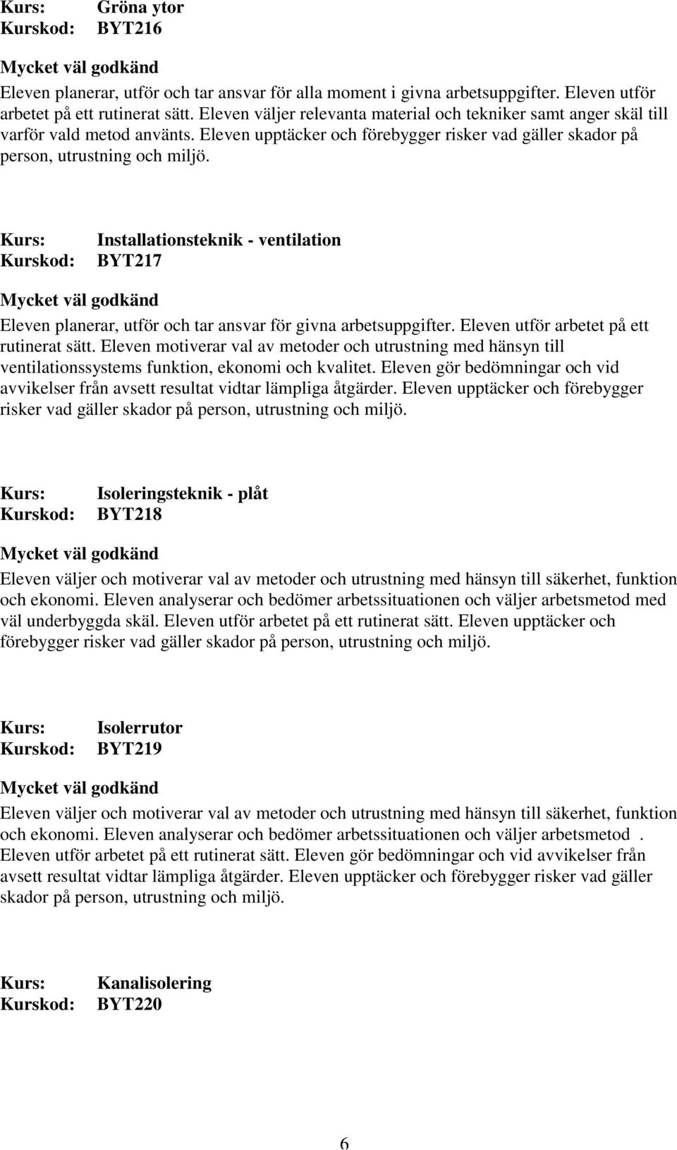 Installationsteknik - ventilation BYT217 Eleven planerar, utför och tar ansvar för givna arbetsuppgifter. Eleven utför arbetet på ett rutinerat sätt.