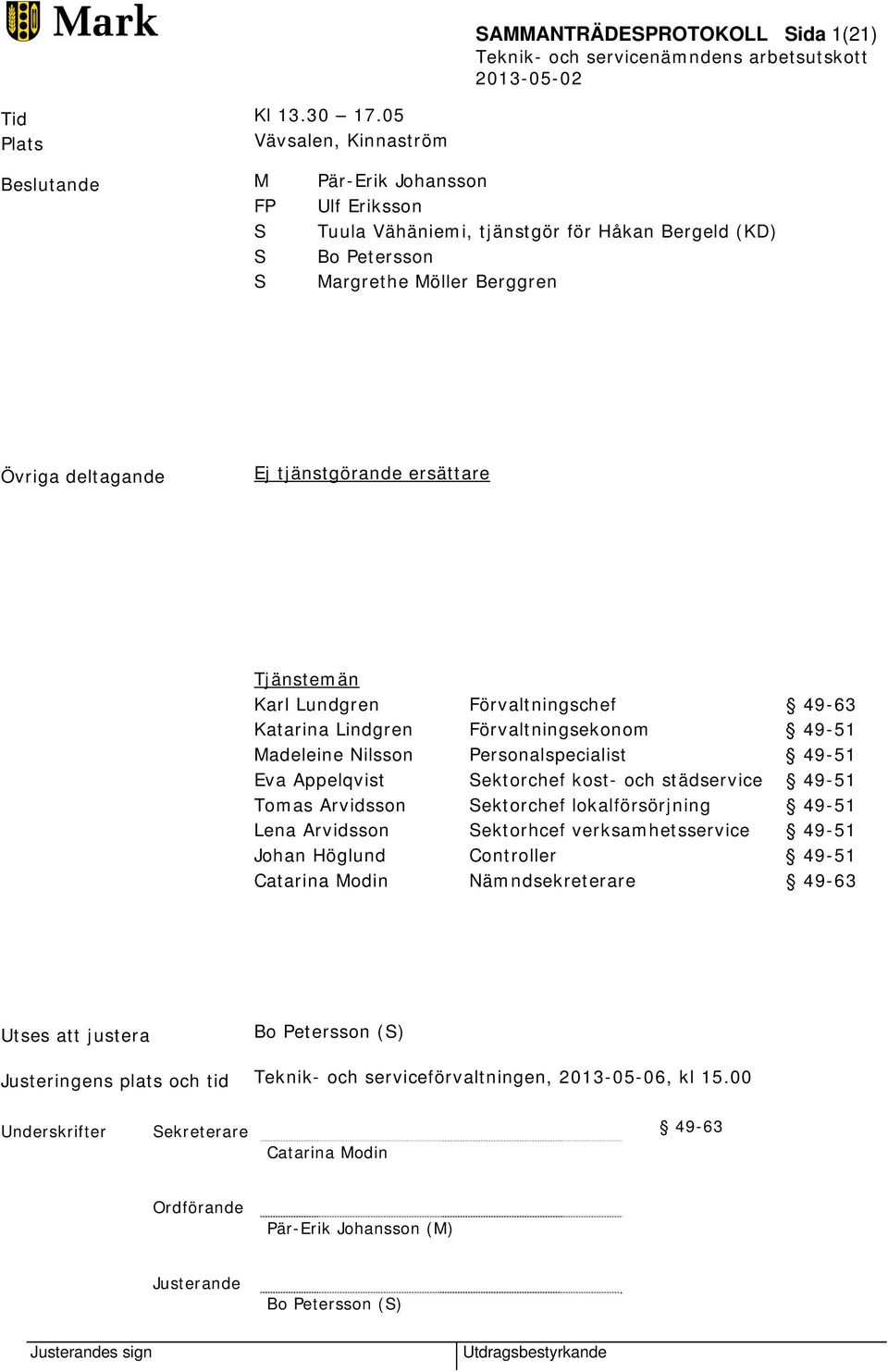 tjänstgörande ersättare Tjänstemän Karl Lundgren Förvaltningschef 49-63 Katarina Lindgren Förvaltningsekonom 49-51 Madeleine Nilsson Personalspecialist 49-51 Eva Appelqvist Sektorchef kost- och