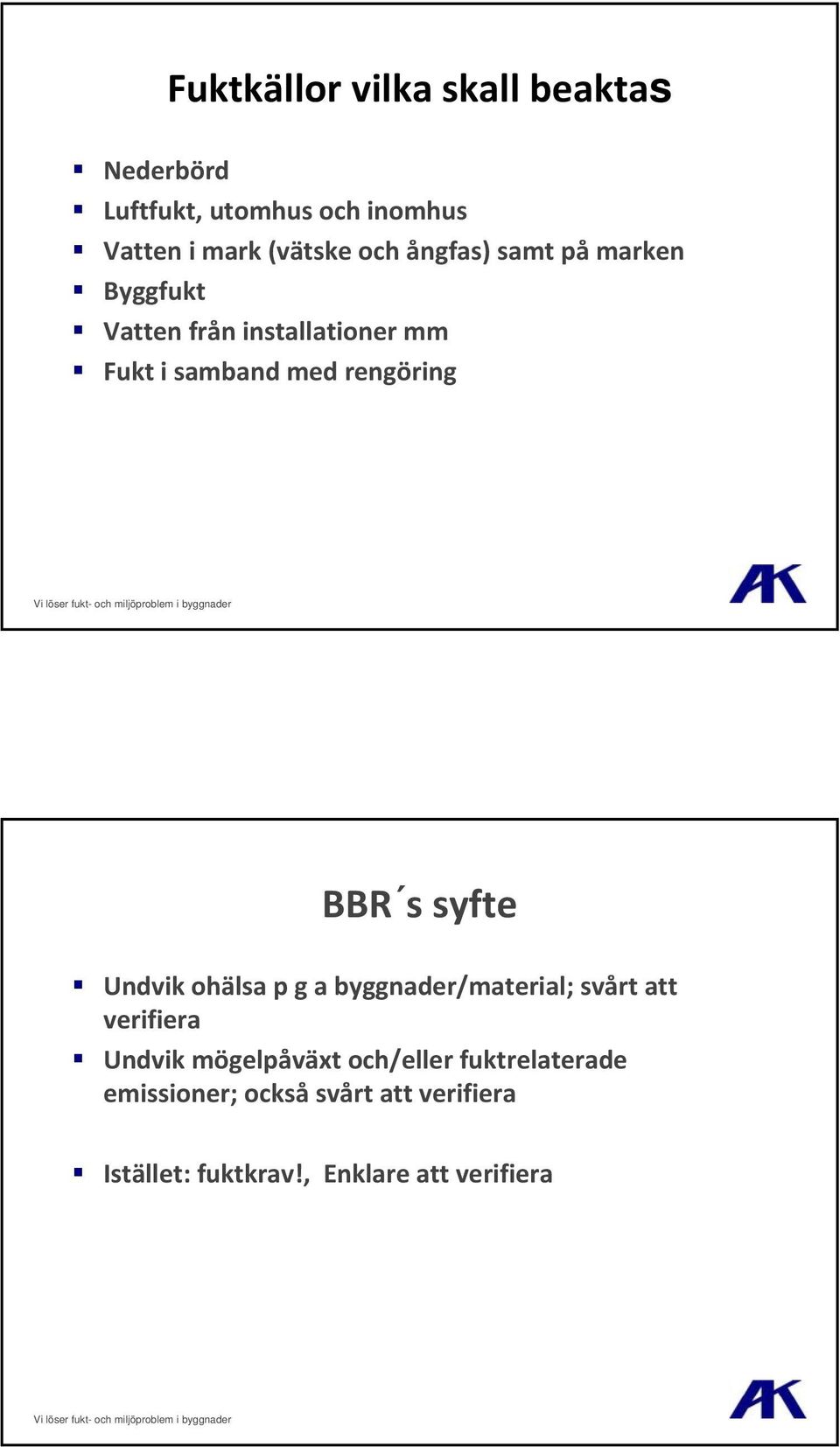 BBR s syfte Undvik ohälsa p g a byggnader/material; svårt att verifiera Undvik mögelpåväxt