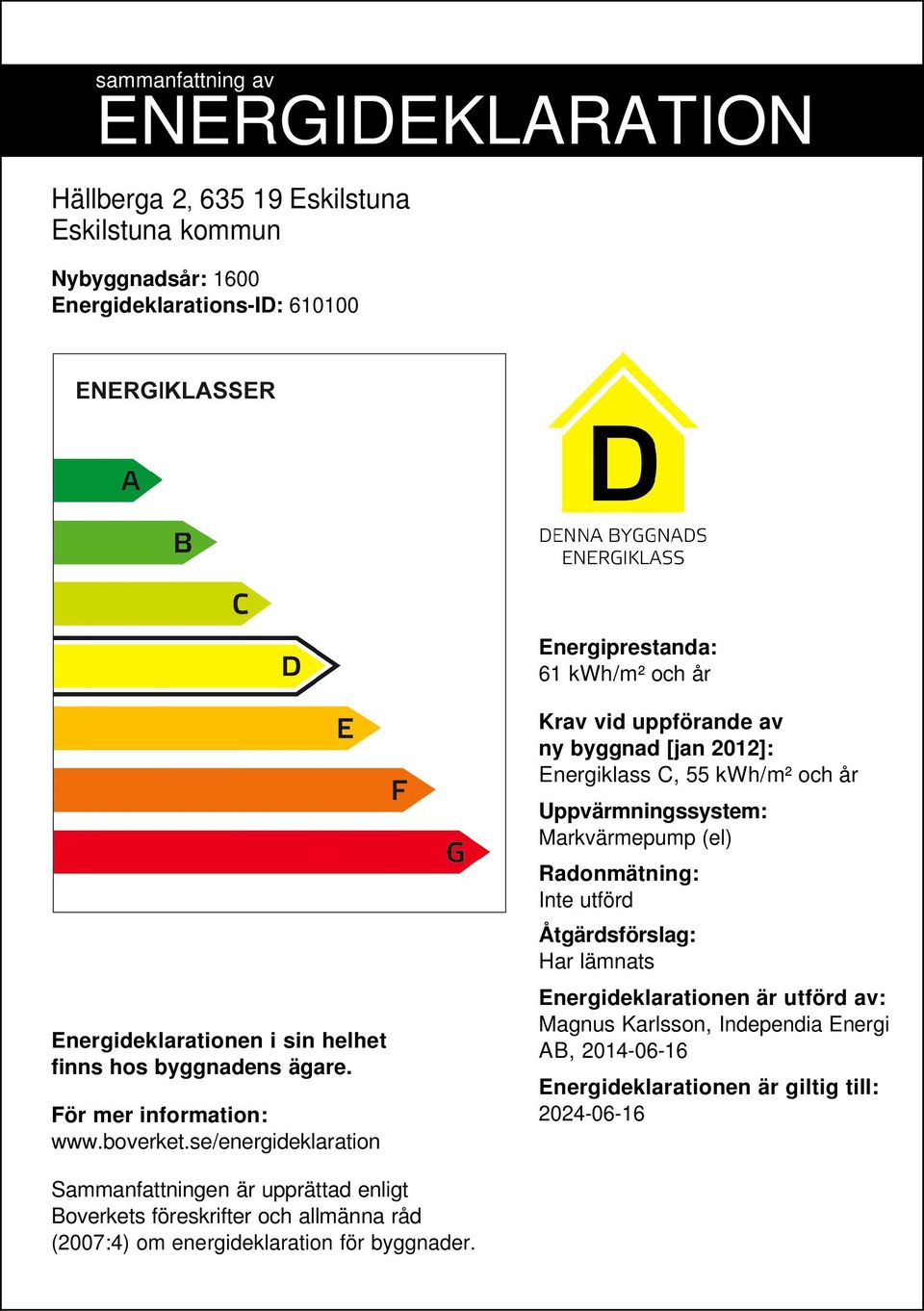 se/energideklaration Krav vid uppförande av ny byggnad [jan 2012]: Energiklass C, 55 /m² och år Uppvärmningssystem: Markvärmepump (el) Radonmätning: Inte utförd
