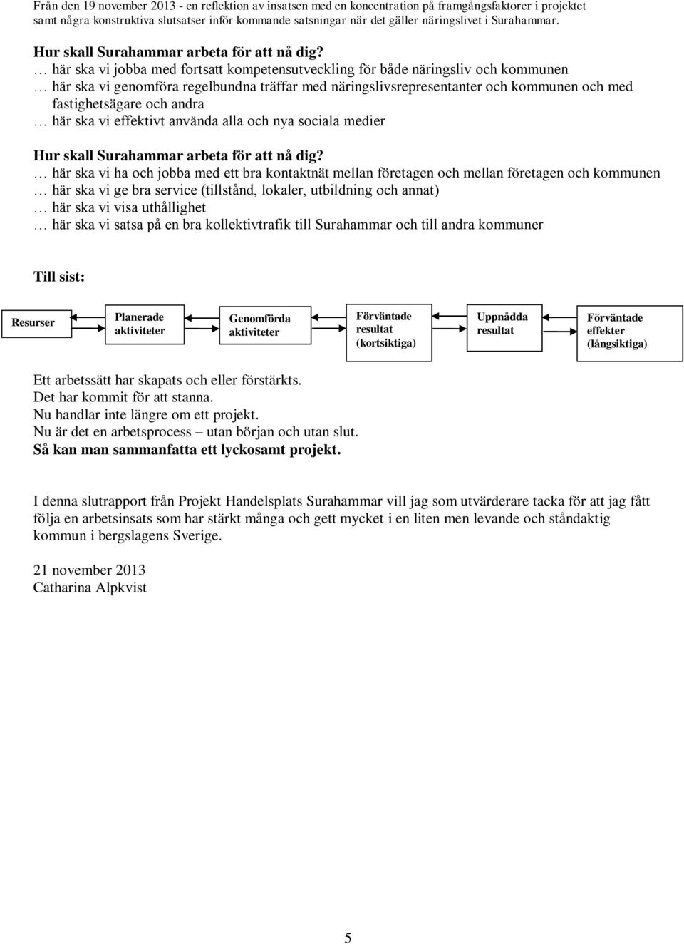 lokaler, utbildning och annat) här ska vi visa uthållighet här ska vi satsa på en bra kollektivtrafik till Surahammar och till andra kommuner Till sist: Resurser Planerade aktiviteter Genomförda