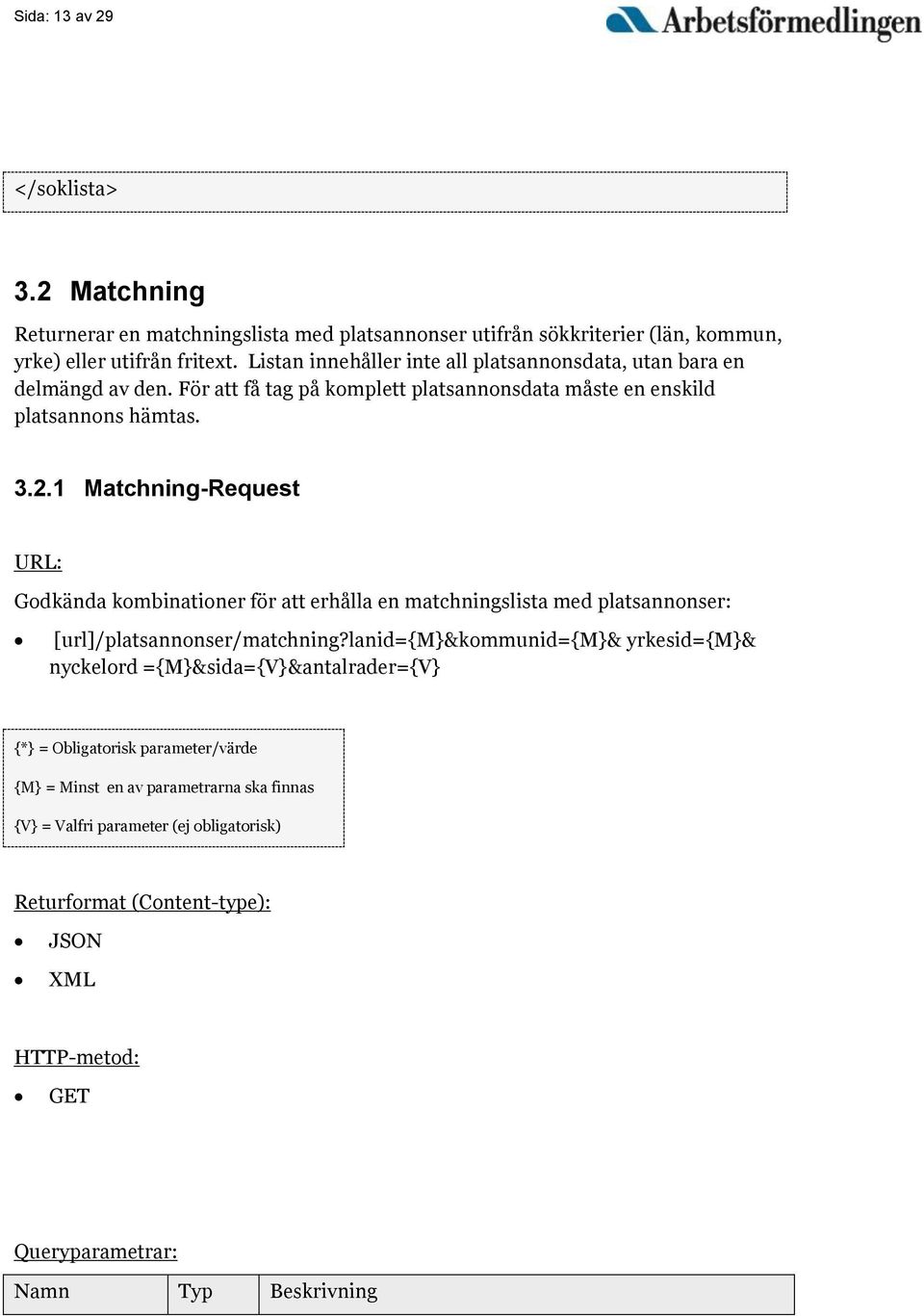1 Matchning-Request URL: Godkända kombinationer för att erhålla en matchningslista med platsannonser: [url]/platsannonser/matchning?