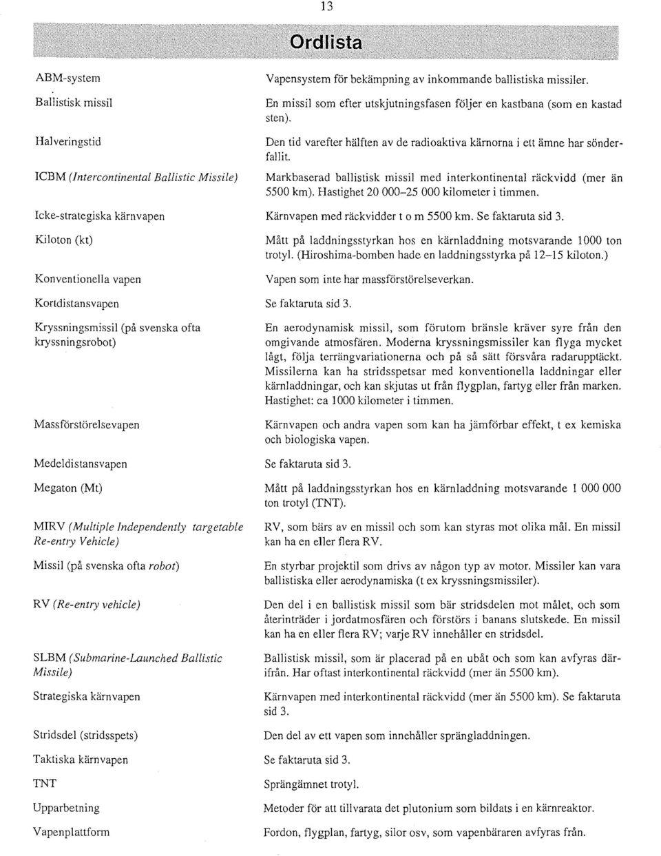 (Submarine-Launched Ballistic Missile) Strategiska karnvapen Stridsdel (stridsspets) Taktiska karnvapen TNT Upparbetning Vapenplattform Vapensystem for bekampning av inkommande ballistiska missiler.