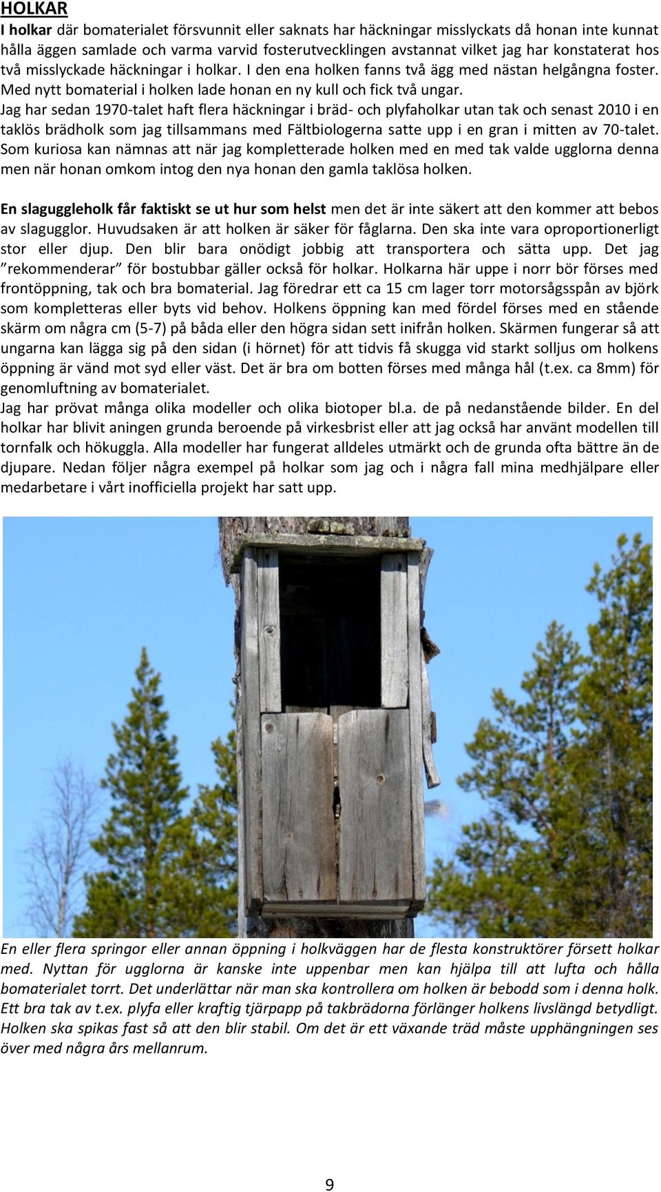 Jag har sedan 1970-talet haft flera häckningar i bräd- och plyfaholkar utan tak och senast 2010 i en taklös brädholk som jag tillsammans med Fältbiologerna satte upp i en gran i mitten av 70-talet.