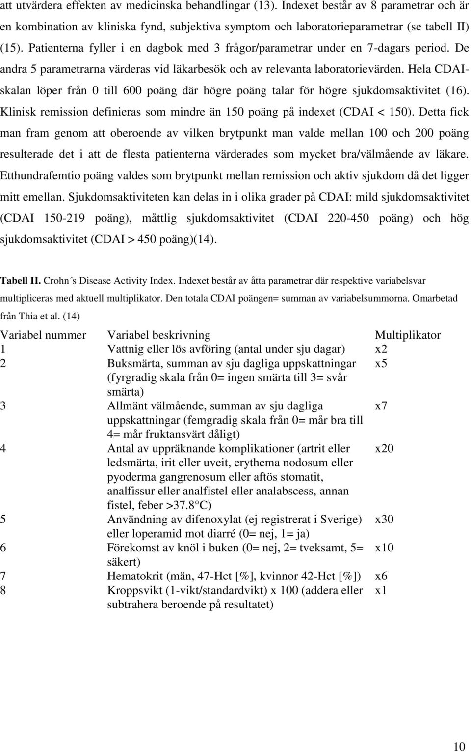 Hela CDAIskalan löper från 0 till 600 poäng där högre poäng talar för högre sjukdomsaktivitet (16). Klinisk remission definieras som mindre än 150 poäng på indexet (CDAI < 150).