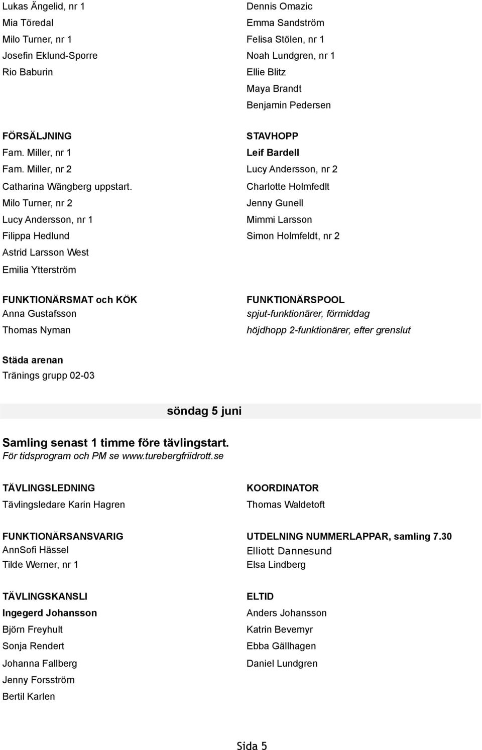 Charlotte Holmfedlt Milo Turner, nr 2 Jenny Gunell Lucy Andersson, nr 1 Mimmi Larsson Filippa Hedlund Simon Holmfeldt, nr 2 Astrid Larsson West Emilia Ytterström FUNKTIONÄRSMAT och KÖK Anna