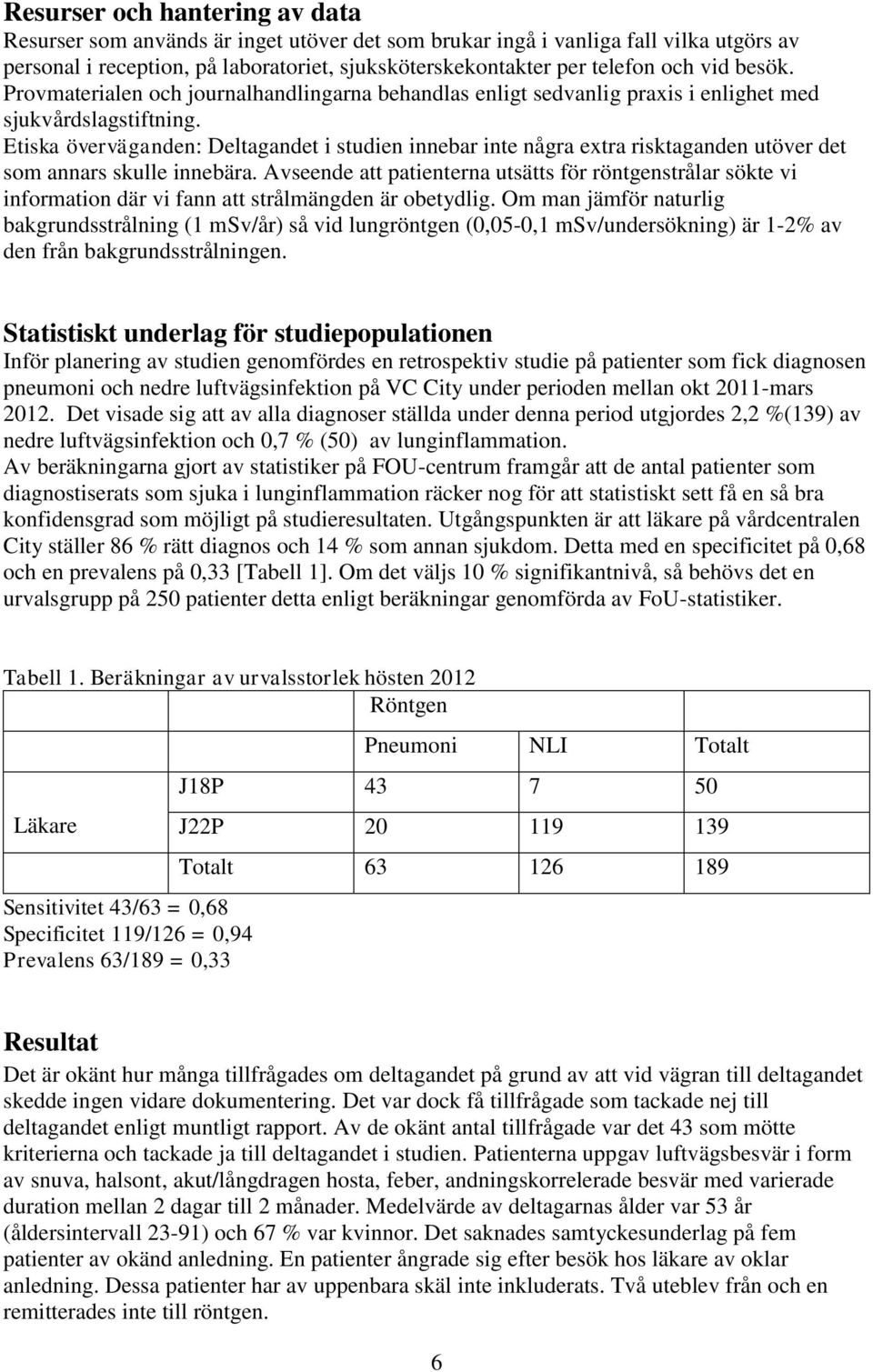 Etiska överväganden: Deltagandet i studien innebar inte några extra risktaganden utöver det som annars skulle innebära.