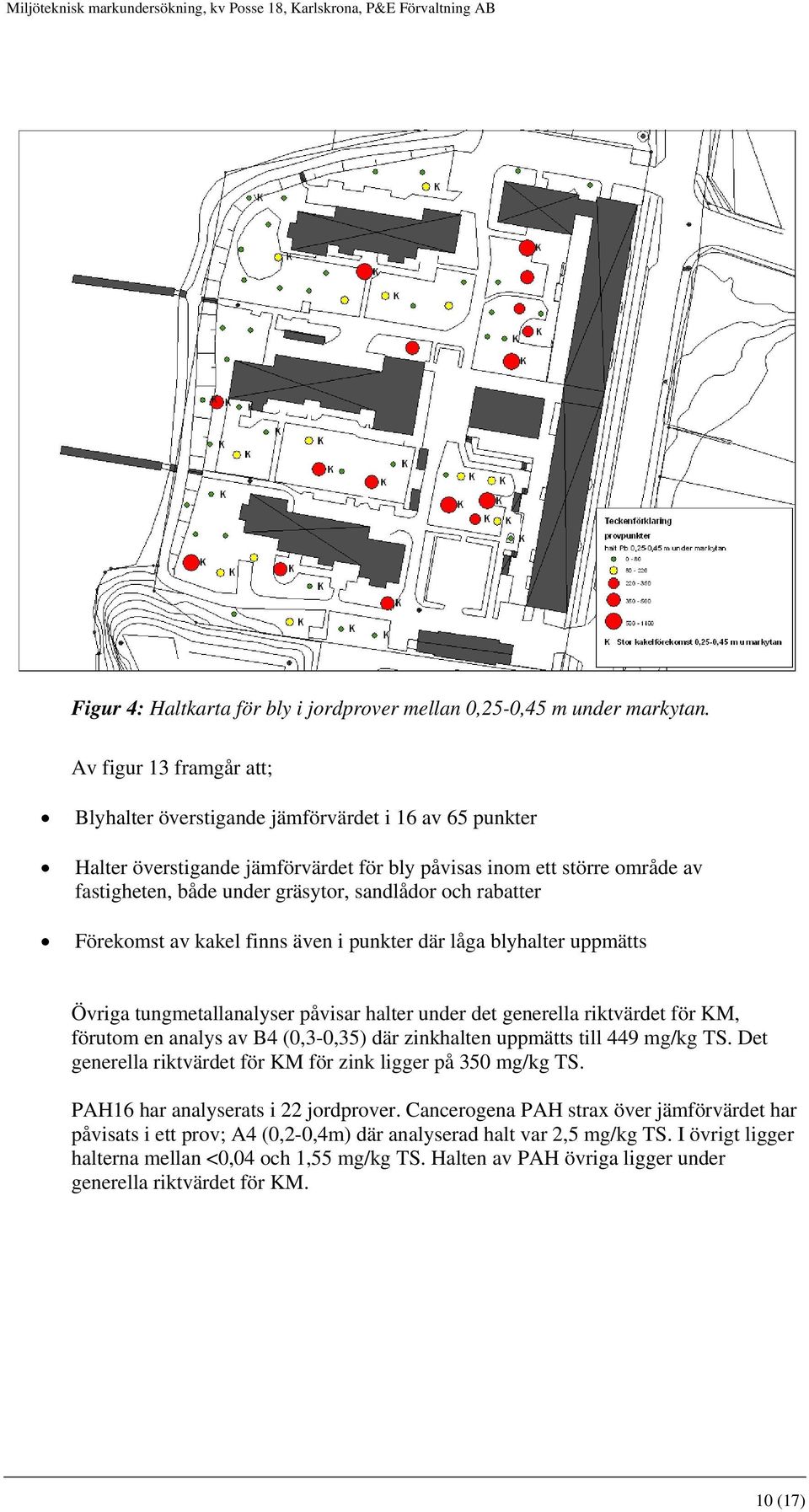 och rabatter Förekomst av kakel finns även i punkter där låga blyhalter uppmätts Övriga tungmetallanalyser påvisar halter under det generella riktvärdet för KM, förutom en analys av B4 (0,3-0,35) där