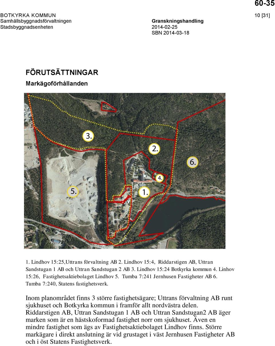 Inom planområdet finns 3 större fastighetsägare; Uttrans förvaltning AB runt sjukhuset och Botkyrka kommun i framför allt nordvästra delen.