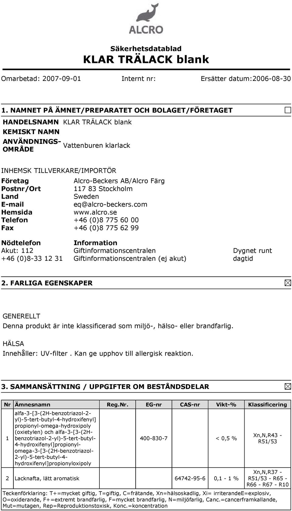 Postnr/Ort 117 83 Stockholm Land Sweden E-mail eq@alcro-