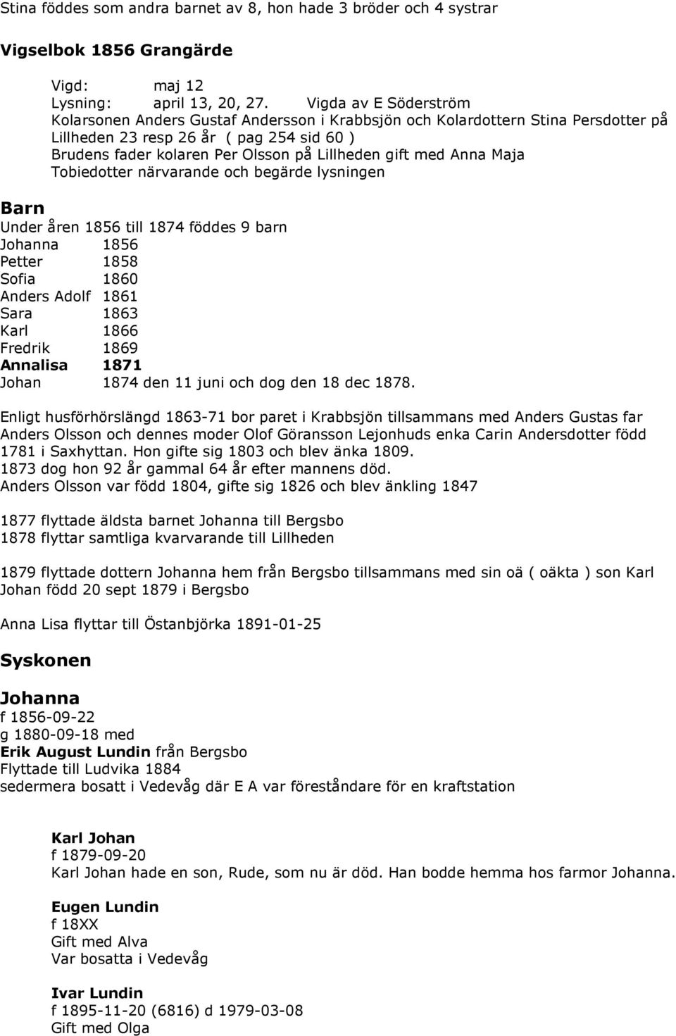 med Anna Maja Tobiedotter närvarande och begärde lysningen Under åren 1856 till 1874 föddes 9 barn Johanna 1856 Petter 1858 Sofia 1860 Anders Adolf 1861 Sara 1863 Karl 1866 Fredrik 1869 Annalisa 1871